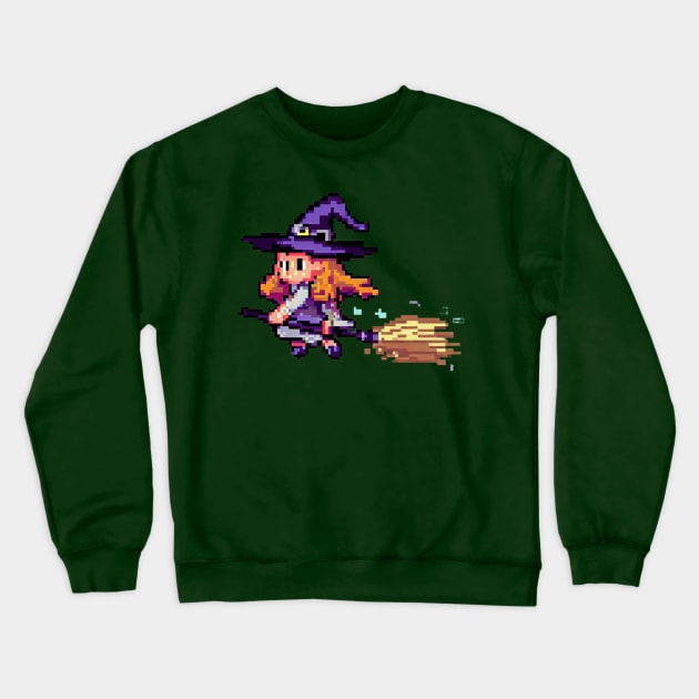 Little witch riding a broom, Pixel art Crewneck Sweatshirt by AT Digital